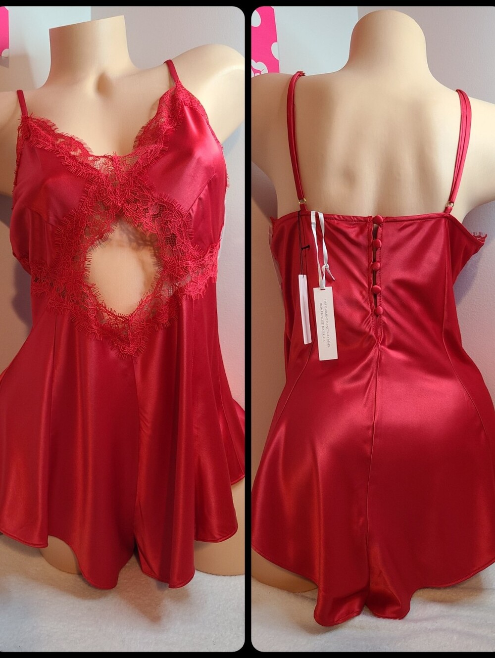Retired Victoria's Secret Silky Satin Eyelash Lace Cut-out Teddy Bodysuit Size L